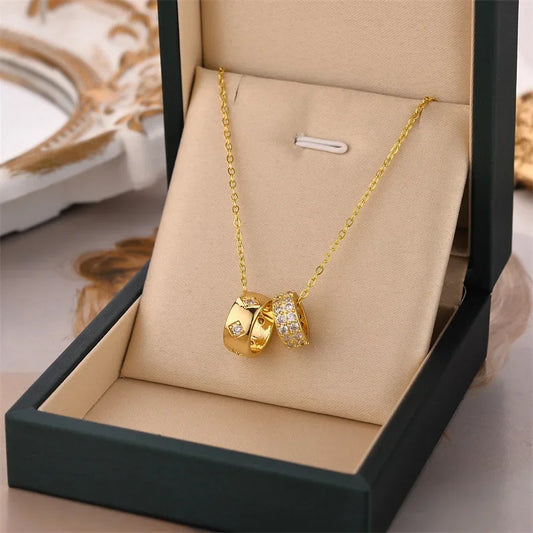 Non Tarnish Necklace - Luxurious Fashion Crystal Rhombus Necklace with Ring Pendant Gold Color Jewelry for Women - Carlislecarat