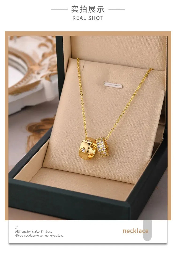 Non Tarnish Necklace - Luxurious Fashion Crystal Rhombus Necklace with Ring Pendant Gold Color Jewelry for Women - Carlislecarat
