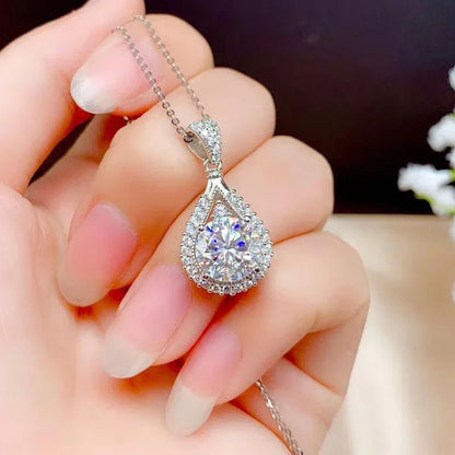 Moissanite Teardrop Pendant Necklace 18K White Gold for Women – GRA Certified 925 Sterling Silver Anniversary Jewelry Gift - Carlislecarat