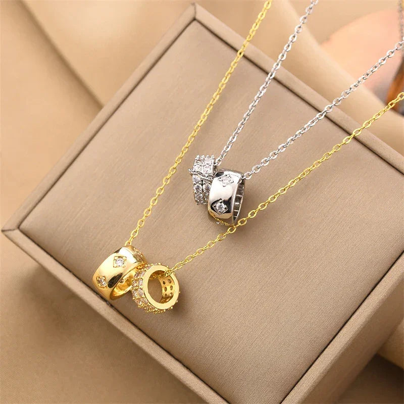 Non Tarnish Necklace - Luxurious Fashion Crystal Rhombus Necklace with Ring Pendant Gold Color Jewelry for Women - Carlislecarat