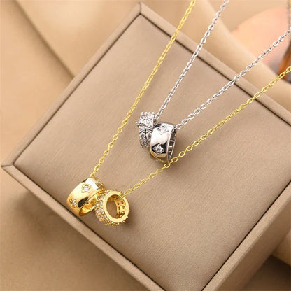 Non Tarnish Necklace - Luxurious Fashion Crystal Rhombus Necklace with Ring Pendant Gold Color Jewelry for Women - Carlislecarat